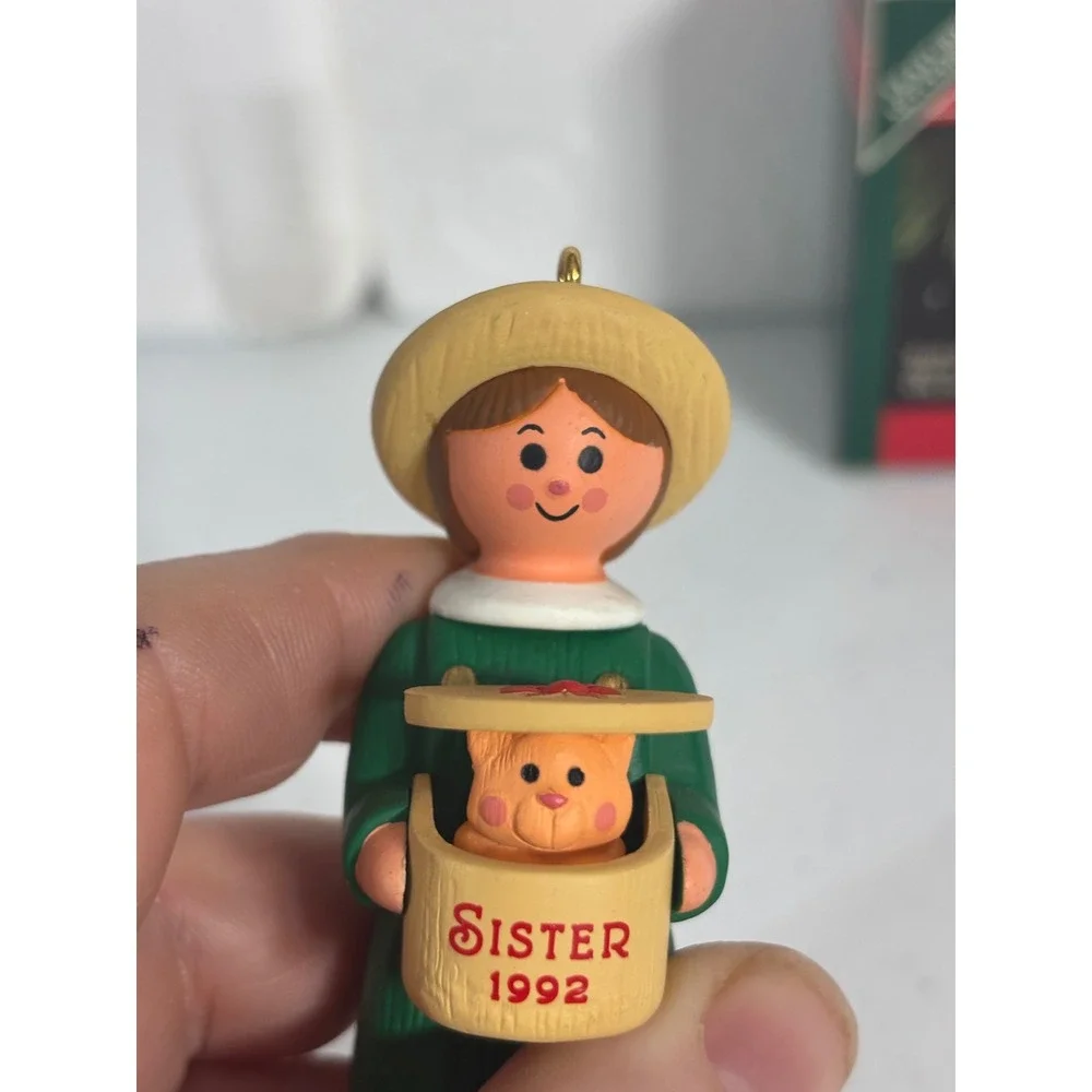 Hallmark Keepsake Ornament 1992‎ Sister With Teddy Bear Basket Movement